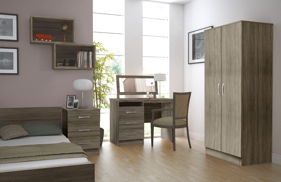 Bedroom with desk and vanity mirror